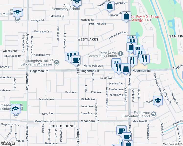 map of restaurants, bars, coffee shops, grocery stores, and more near 10301 Hageman Road in Bakersfield