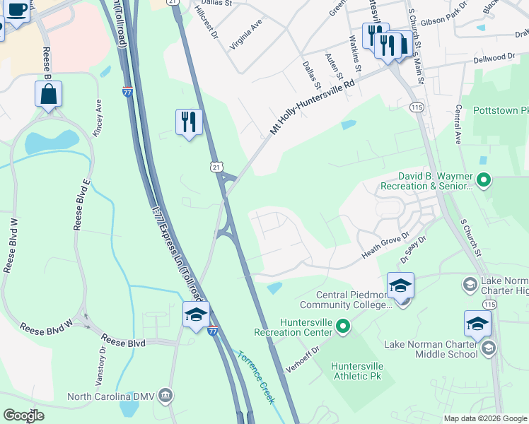 map of restaurants, bars, coffee shops, grocery stores, and more near 19017 Sweet Crabapple Lane in Huntersville