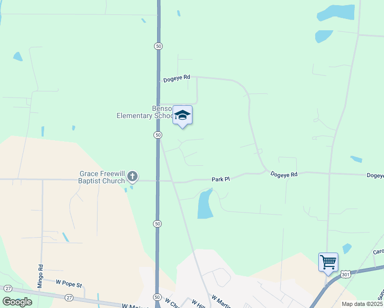 map of restaurants, bars, coffee shops, grocery stores, and more near North Carolina Avenue in Benson
