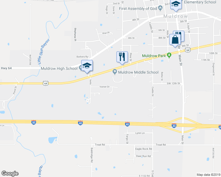map of restaurants, bars, coffee shops, grocery stores, and more near 702 Varner Drive in Muldrow