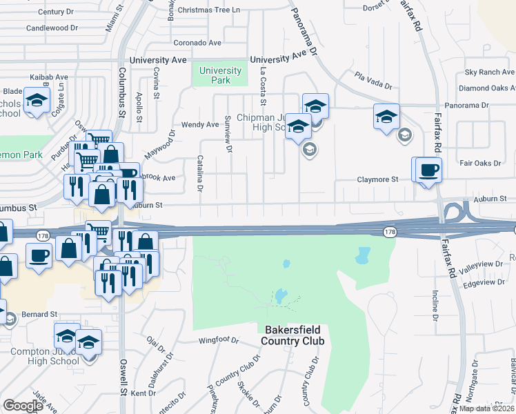 map of restaurants, bars, coffee shops, grocery stores, and more near 2600 La Costa Court in Bakersfield