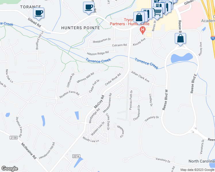 map of restaurants, bars, coffee shops, grocery stores, and more near 13341 Meadowmere Road in Huntersville
