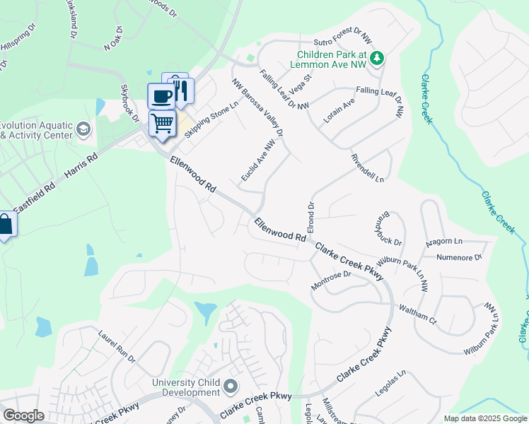 map of restaurants, bars, coffee shops, grocery stores, and more near 10667 Northwest Rippling Stream Drive in Concord