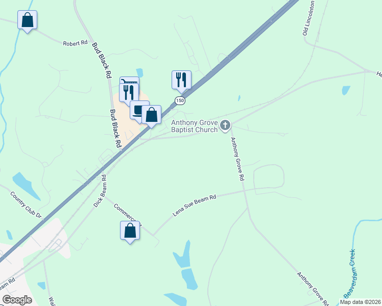 map of restaurants, bars, coffee shops, grocery stores, and more near 1627 Anthony Grove Road in Crouse