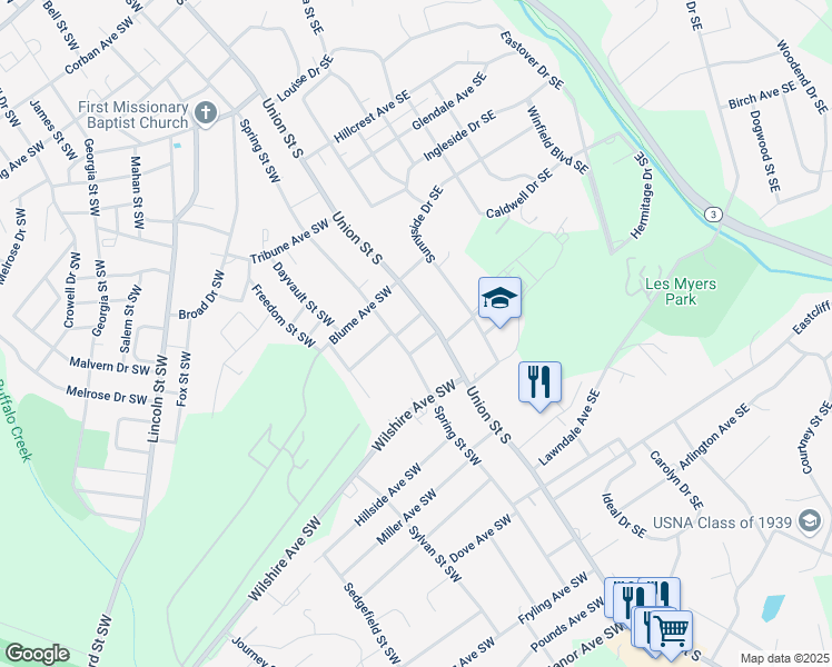 map of restaurants, bars, coffee shops, grocery stores, and more near 511 Spring Street Southwest in Concord