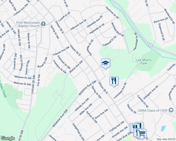 map of restaurants, bars, coffee shops, grocery stores, and more near 511 Spring Street Southwest in Concord
