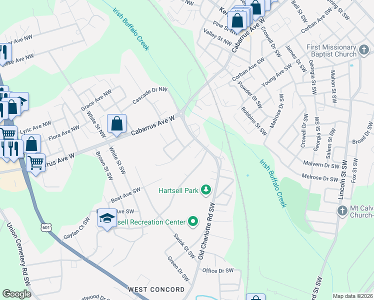 map of restaurants, bars, coffee shops, grocery stores, and more near 18 Meadowview Avenue Southwest in Concord