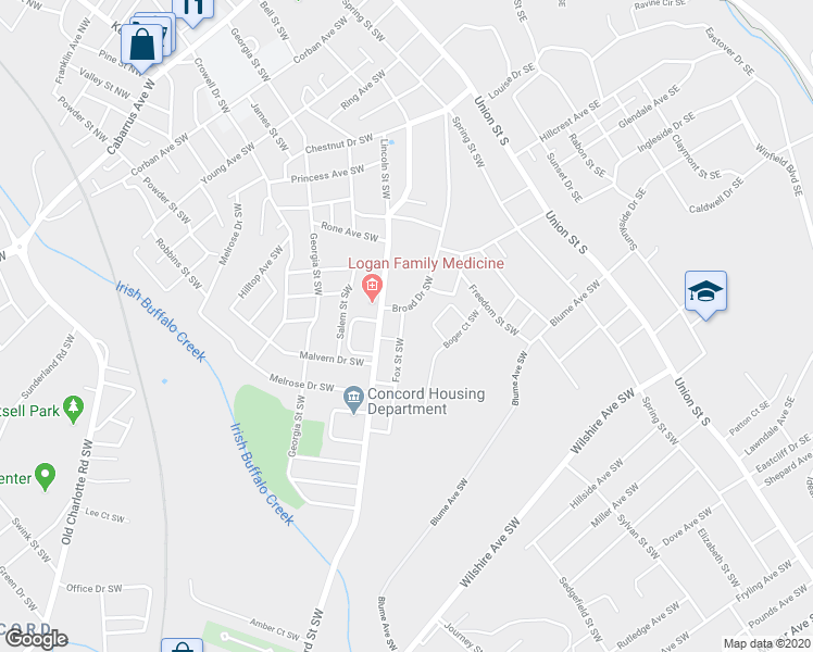 map of restaurants, bars, coffee shops, grocery stores, and more near 329 Fox Street Southwest in Concord