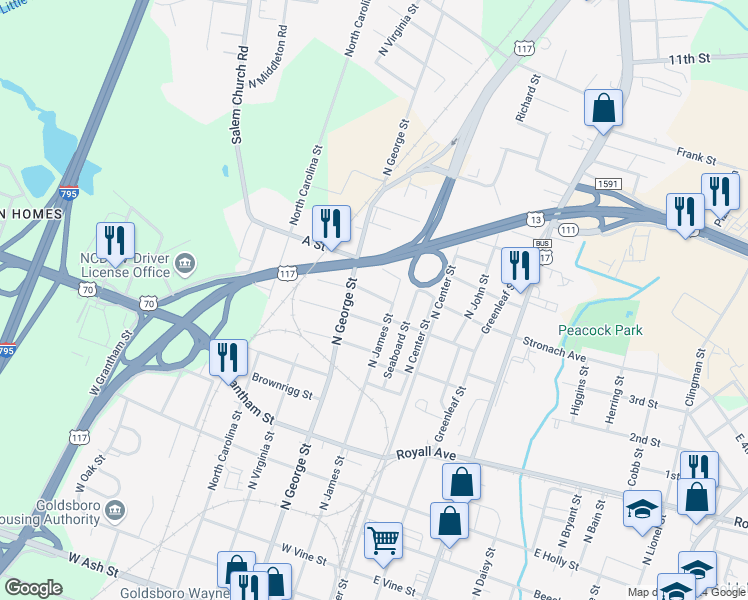 map of restaurants, bars, coffee shops, grocery stores, and more near 204 Workman Street in Goldsboro