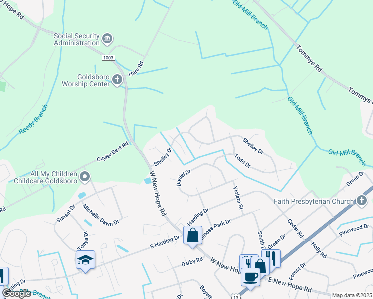 map of restaurants, bars, coffee shops, grocery stores, and more near 805 South Baines Place in Goldsboro
