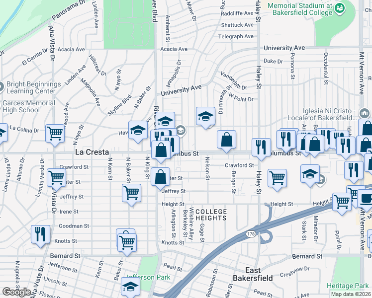 map of restaurants, bars, coffee shops, grocery stores, and more near 2701 Berkeley Street in Bakersfield