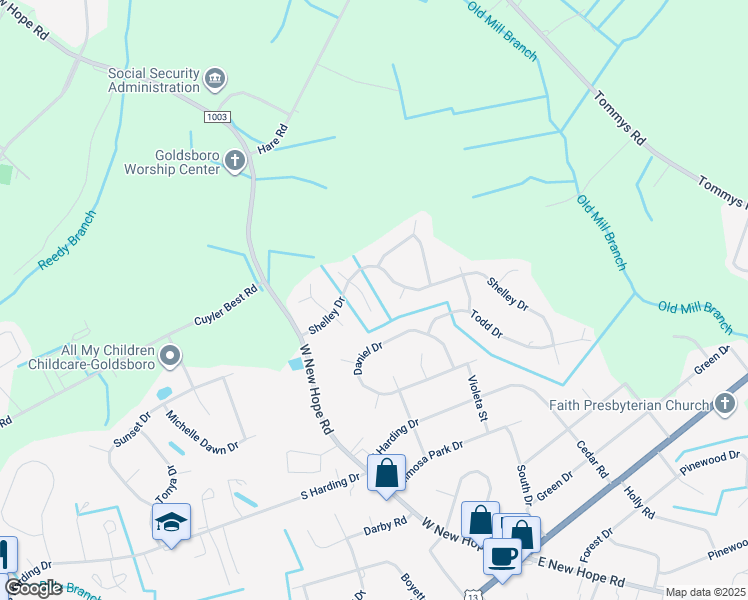 map of restaurants, bars, coffee shops, grocery stores, and more near 805 South Baines Place in Goldsboro