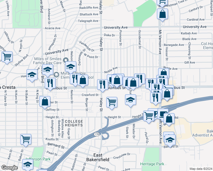 map of restaurants, bars, coffee shops, grocery stores, and more near 2700 Cornell Street in Bakersfield