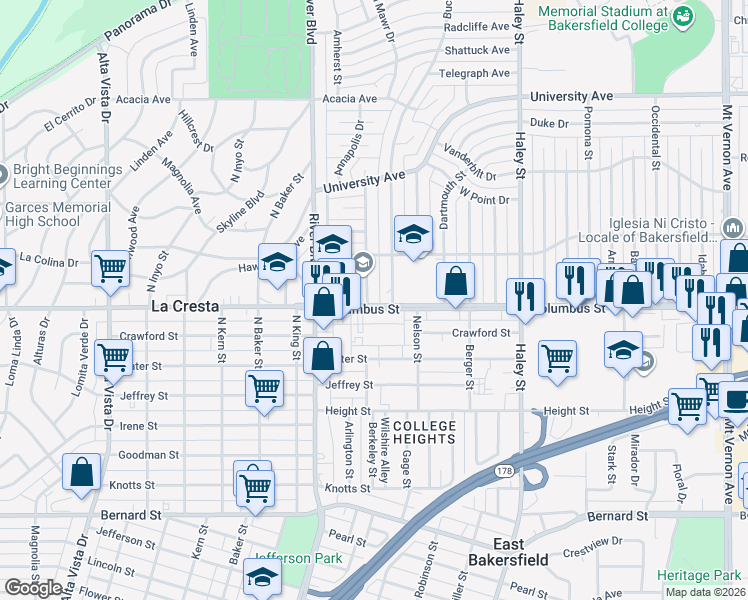 map of restaurants, bars, coffee shops, grocery stores, and more near 2701 Berkeley Street in Bakersfield