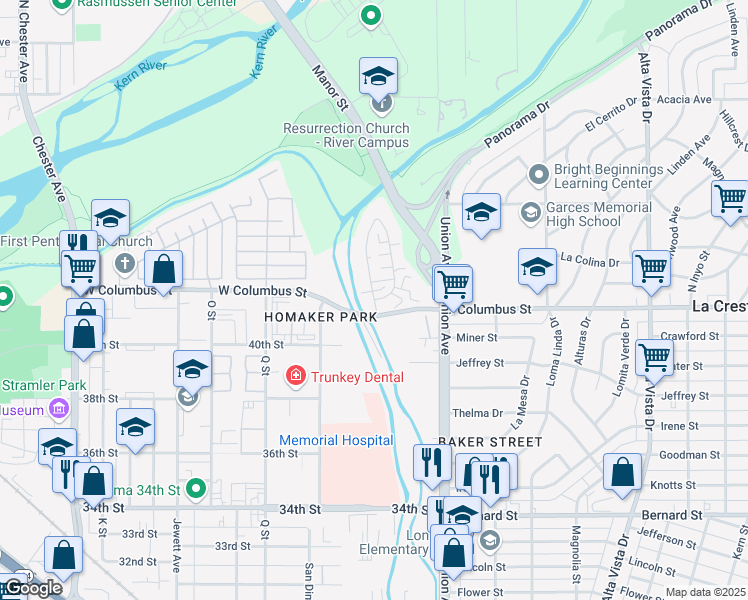 map of restaurants, bars, coffee shops, grocery stores, and more near Isla Verde St & Tierra Verde St in Bakersfield