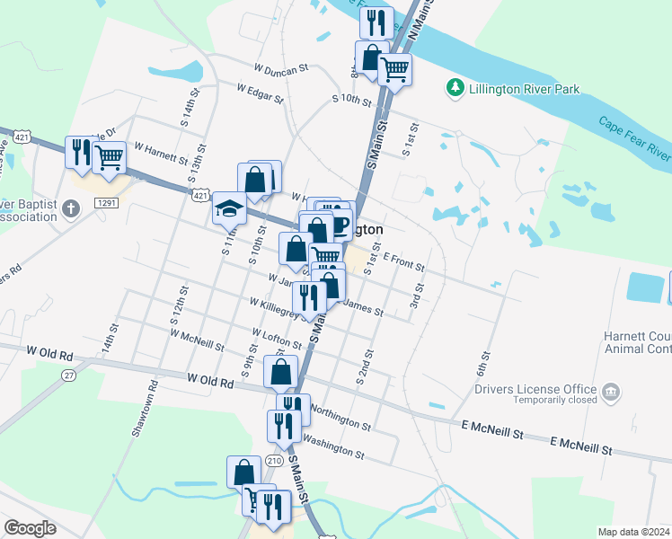 map of restaurants, bars, coffee shops, grocery stores, and more near South Main Street in Lillington