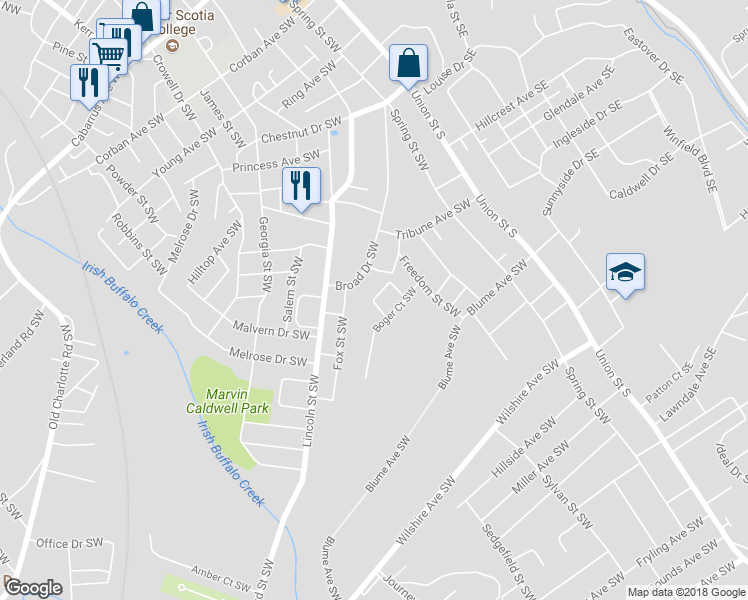 map of restaurants, bars, coffee shops, grocery stores, and more near 439 Maiden Lane Southwest in Concord
