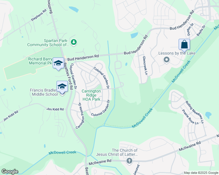 map of restaurants, bars, coffee shops, grocery stores, and more near 6331 Colonial Garden Drive in Huntersville