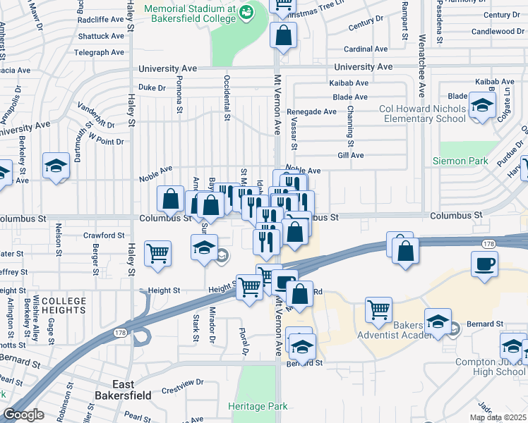 map of restaurants, bars, coffee shops, grocery stores, and more near 2720 Mount Vernon Avenue in Bakersfield