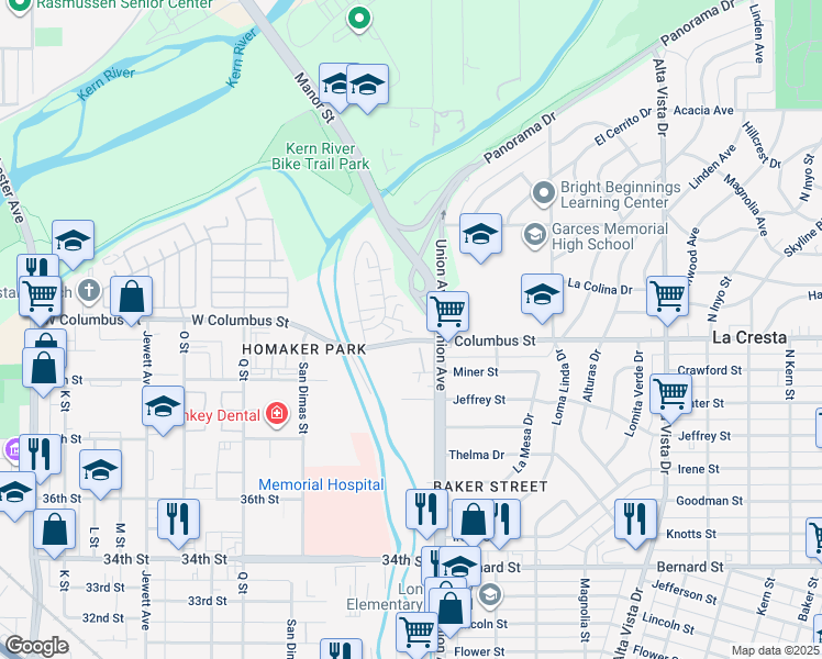 map of restaurants, bars, coffee shops, grocery stores, and more near 204 Jardin Court in Bakersfield