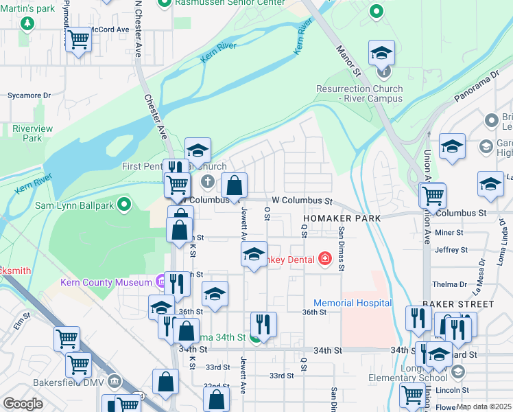 map of restaurants, bars, coffee shops, grocery stores, and more near 4205 King Arthur Court in Bakersfield