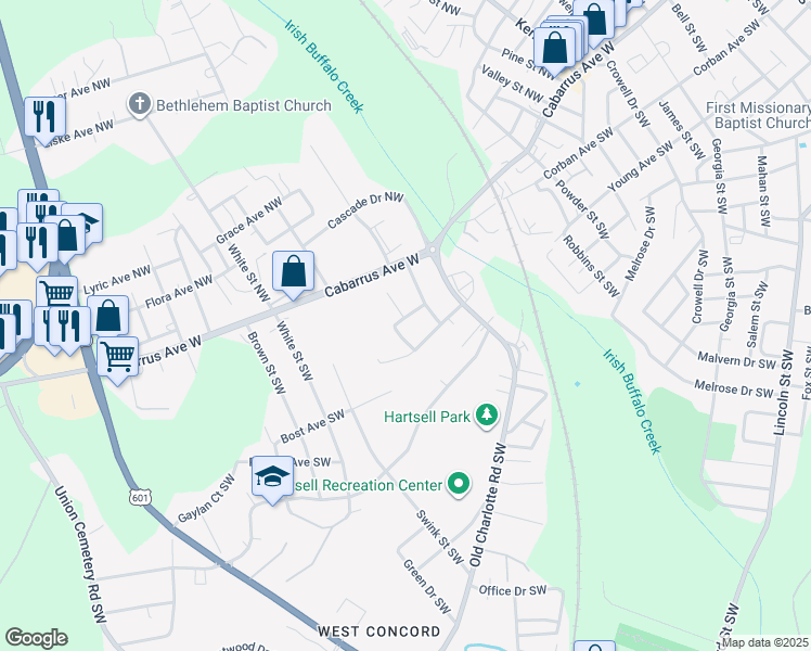 map of restaurants, bars, coffee shops, grocery stores, and more near 39 Goodson Place Southwest in Concord