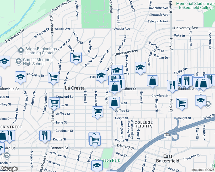 map of restaurants, bars, coffee shops, grocery stores, and more near 809 Skyline Avenue in Bakersfield