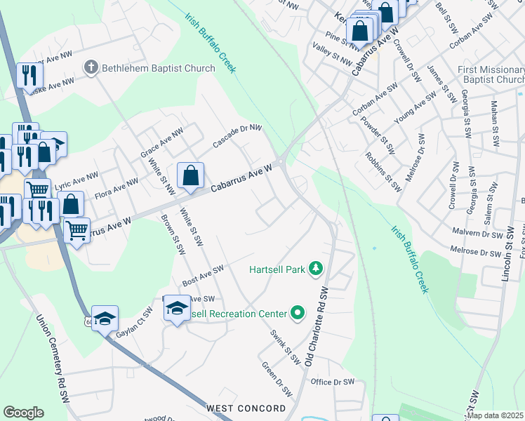 map of restaurants, bars, coffee shops, grocery stores, and more near 39 Goodson Place Southwest in Concord