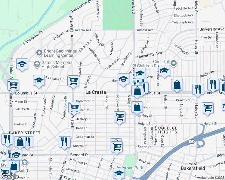 map of restaurants, bars, coffee shops, grocery stores, and more near 2715 Hawthorne Avenue in Bakersfield