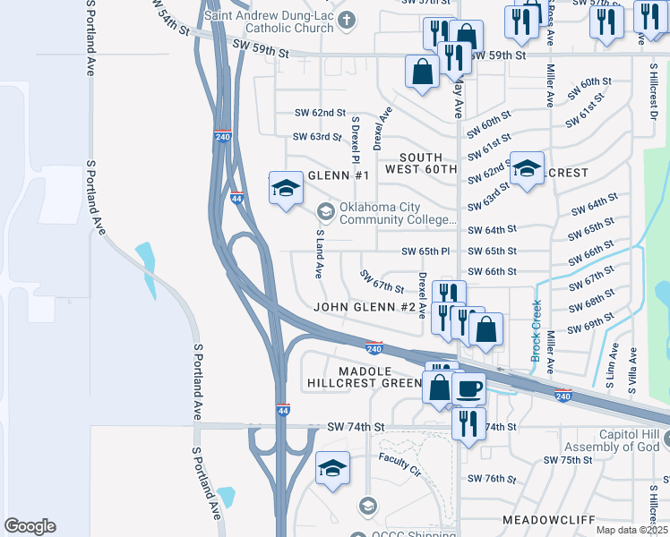 map of restaurants, bars, coffee shops, grocery stores, and more near 3137 Southwest 65th Place in Oklahoma City