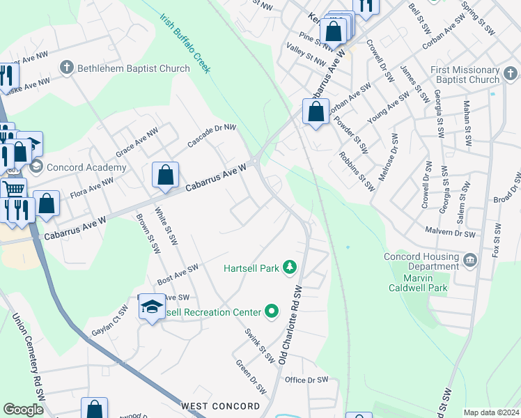 map of restaurants, bars, coffee shops, grocery stores, and more near Meadowview Avenue Southwest in Concord