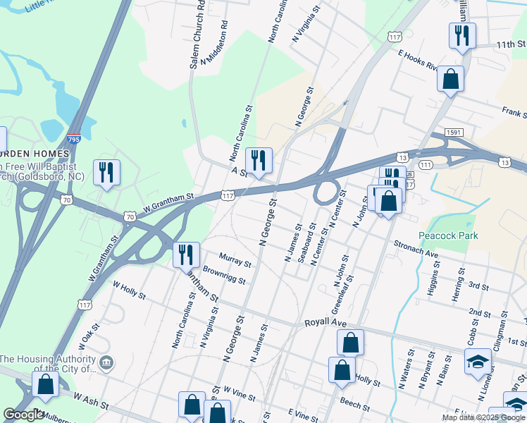 map of restaurants, bars, coffee shops, grocery stores, and more near 1205 North George Street in Goldsboro