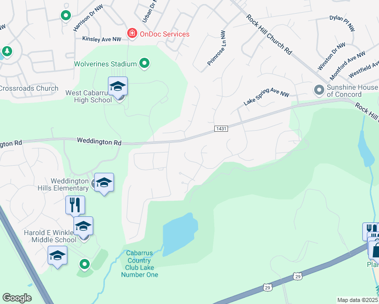 map of restaurants, bars, coffee shops, grocery stores, and more near 1190 Asheford Green Avenue Northwest in Concord