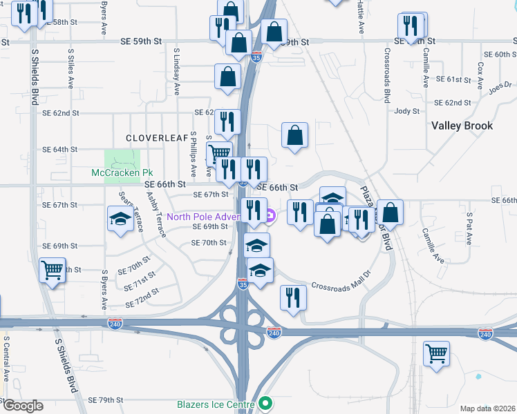 map of restaurants, bars, coffee shops, grocery stores, and more near 6700 South I- 35 Service Road in Oklahoma City