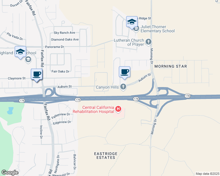 map of restaurants, bars, coffee shops, grocery stores, and more near 7000 Auburn Street in Bakersfield