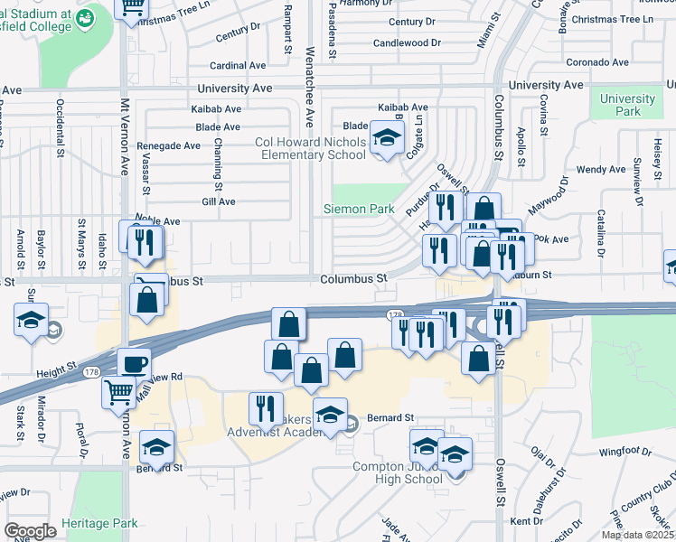 map of restaurants, bars, coffee shops, grocery stores, and more near 3200 Harvard Drive in Bakersfield