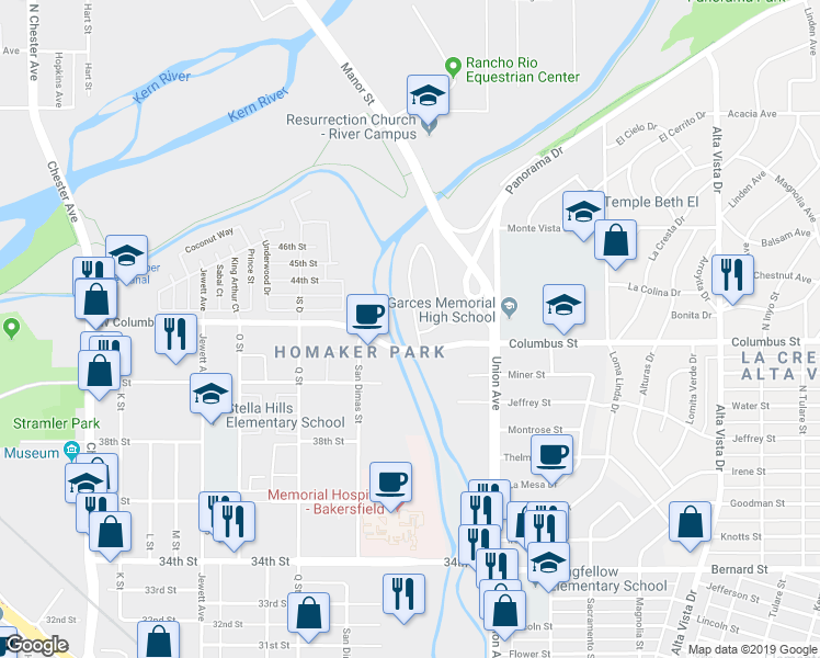 map of restaurants, bars, coffee shops, grocery stores, and more near 4300 Isla Verde Street in Bakersfield