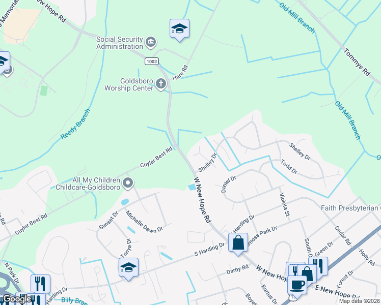 map of restaurants, bars, coffee shops, grocery stores, and more near 908 North Baden Court in Goldsboro