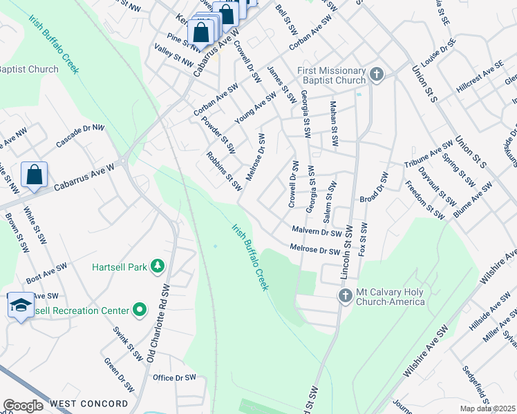 map of restaurants, bars, coffee shops, grocery stores, and more near 212 Malvern Drive Southwest in Concord