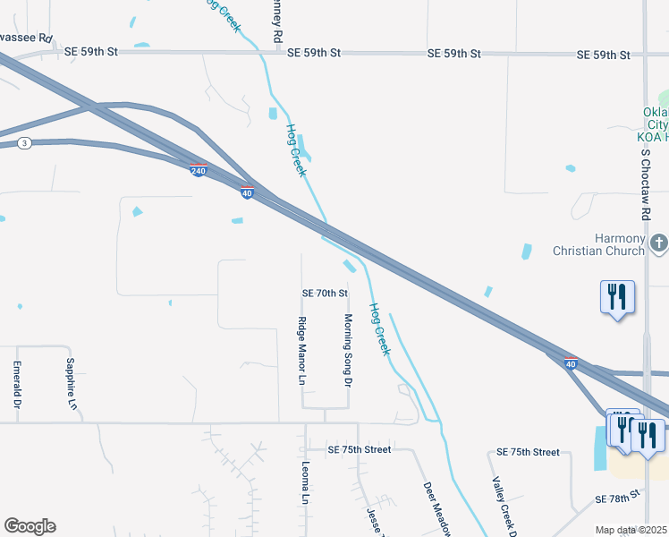 map of restaurants, bars, coffee shops, grocery stores, and more near 7013 Morning Song Drive in Oklahoma City