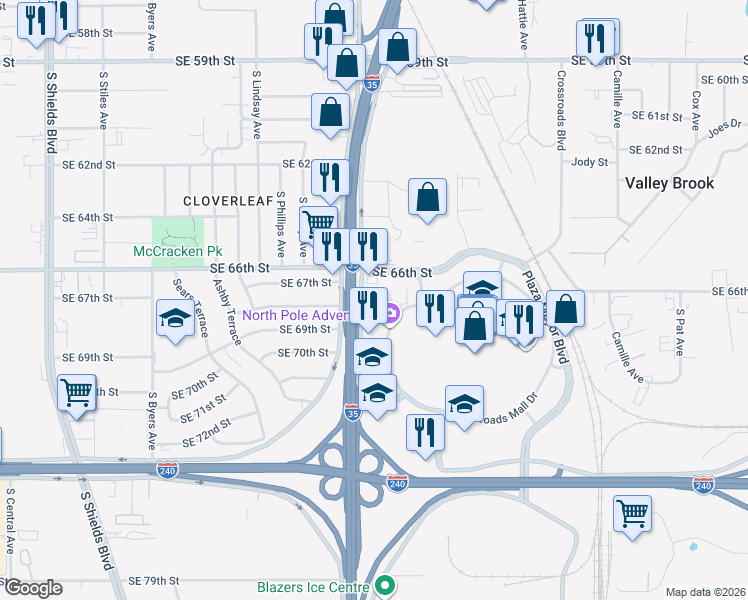 map of restaurants, bars, coffee shops, grocery stores, and more near 6700 South I- 35 Service Road in Oklahoma City