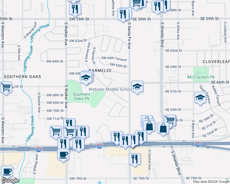 map of restaurants, bars, coffee shops, grocery stores, and more near 6912 South Harvey Place in Oklahoma City