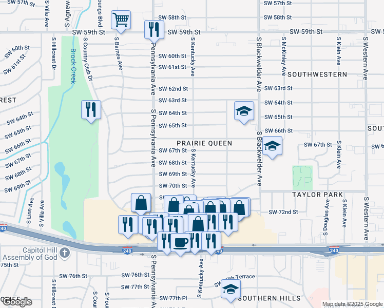 map of restaurants, bars, coffee shops, grocery stores, and more near 1505 Southwest 67th Street in Oklahoma City