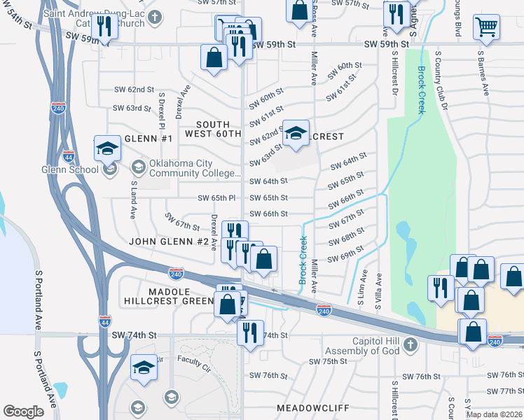 map of restaurants, bars, coffee shops, grocery stores, and more near 2825 Southwest 65th Street in Oklahoma City