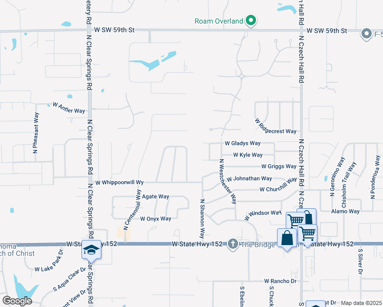 map of restaurants, bars, coffee shops, grocery stores, and more near 716 North Robin Way in Mustang