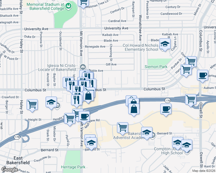 map of restaurants, bars, coffee shops, grocery stores, and more near 2704 Eric Court in Bakersfield