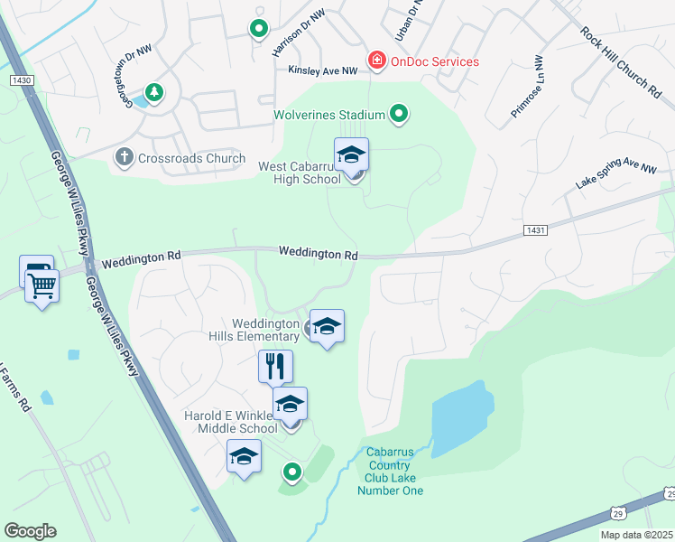map of restaurants, bars, coffee shops, grocery stores, and more near 4205 Weddington Road in Concord