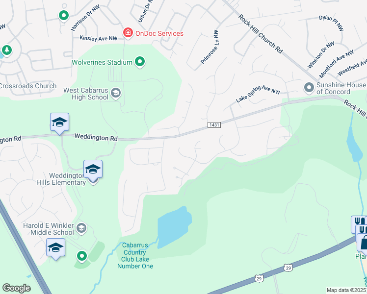 map of restaurants, bars, coffee shops, grocery stores, and more near 1190 Asheford Green Avenue Northwest in Concord