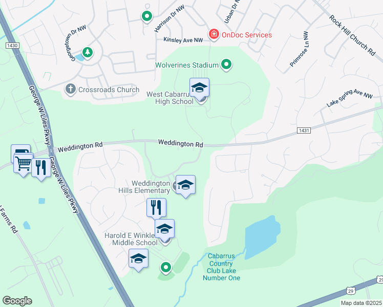 map of restaurants, bars, coffee shops, grocery stores, and more near 4205 Weddington Road in Concord