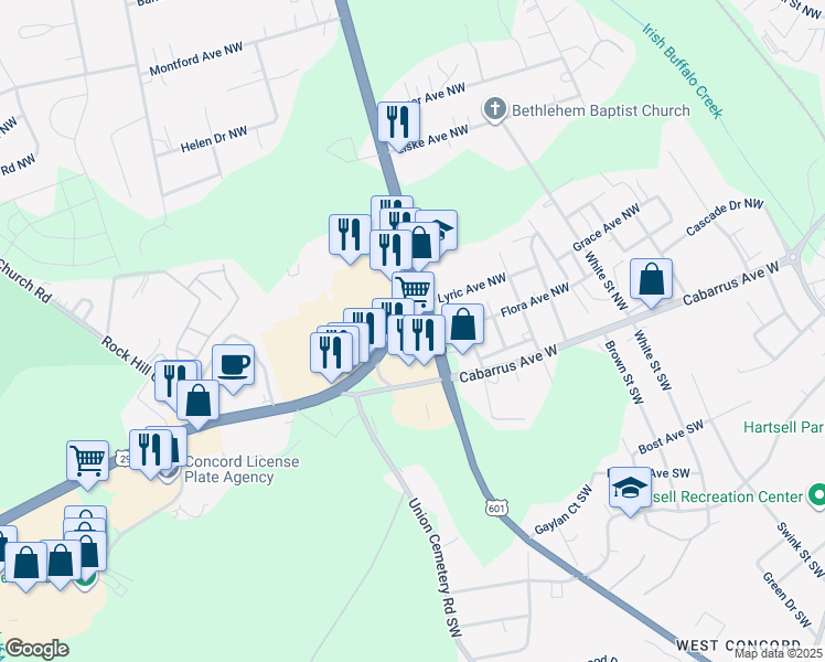 map of restaurants, bars, coffee shops, grocery stores, and more near 734 Cabarrus Avenue West in Concord